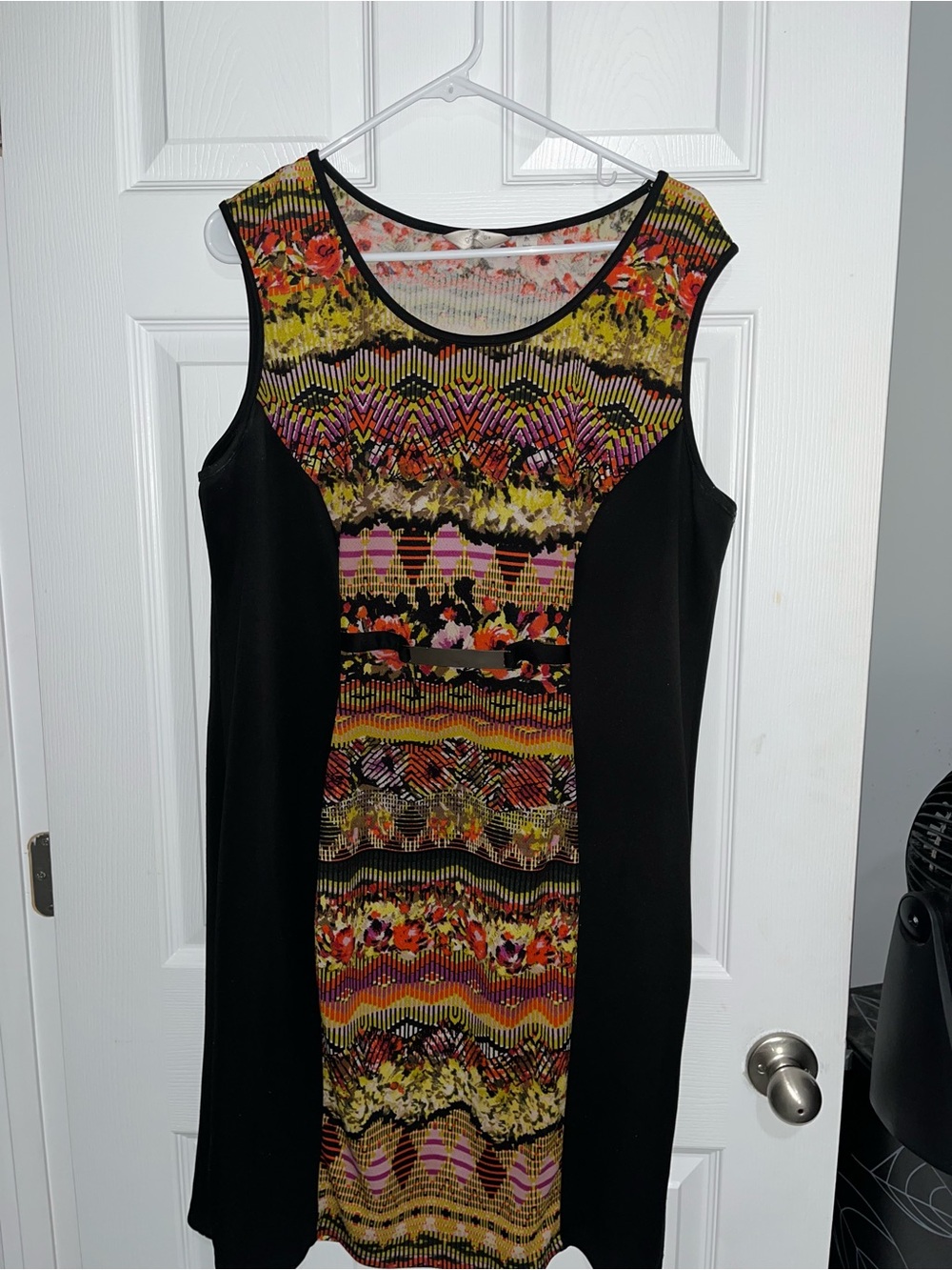 Mlle Gabrielle Black Multi-Color Patterned Midi Shift Dress